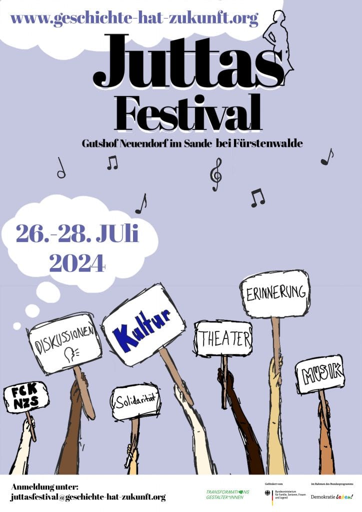 Ankündigungsplakat für "Juttas Festival". Sieben Hände halten Schilder mit Schlagwörtern zum Festival in die Höhe.