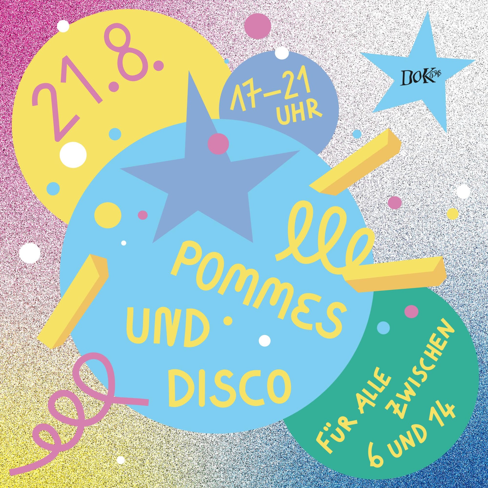 Social Media-Kachel für die Veranstaltung "Pommes und Disco" in bunten Farben.