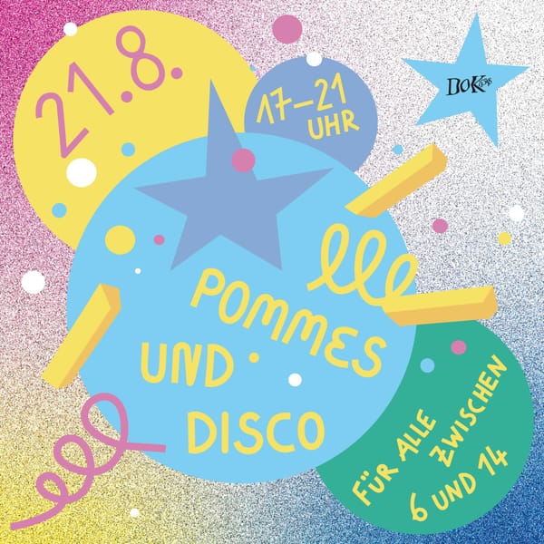 Social Media-Kachel für die Veranstaltung "Pommes und Disco" in bunten Farben.